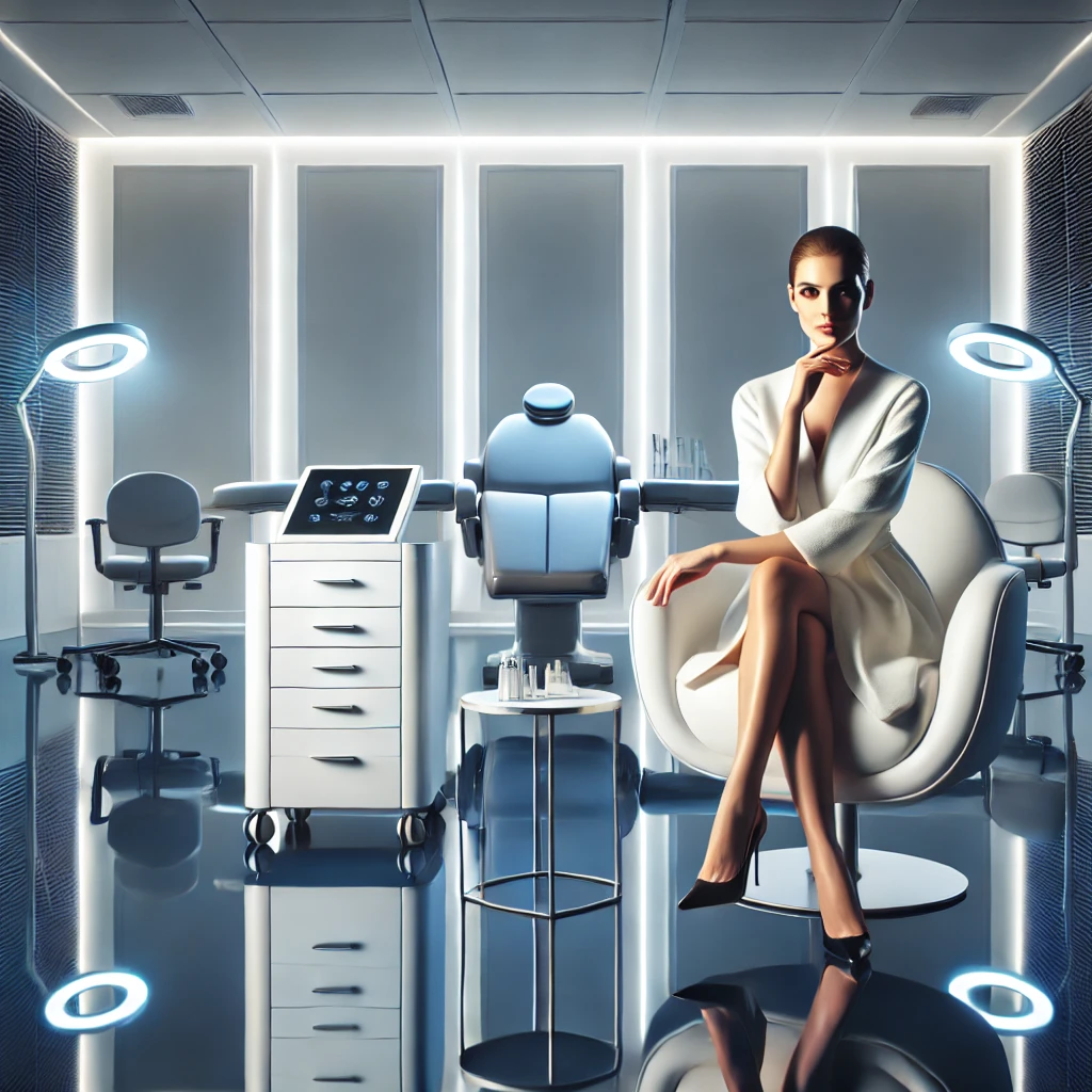 Luxurious clinic setting featuring a confident individual on a sleek white chair.