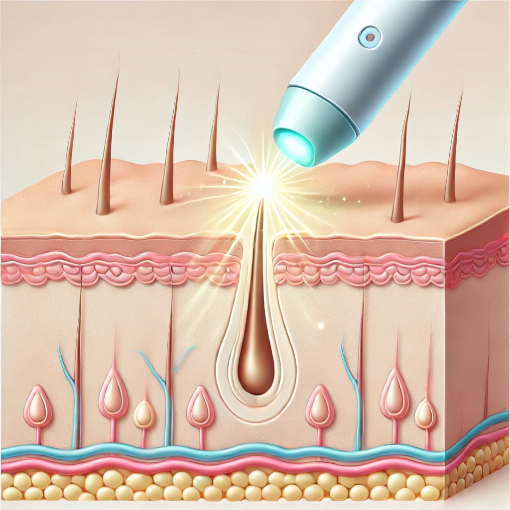 Clean, scientific illustration of the laser hair removal process, depicting how laser targets melanin in hair follicles.